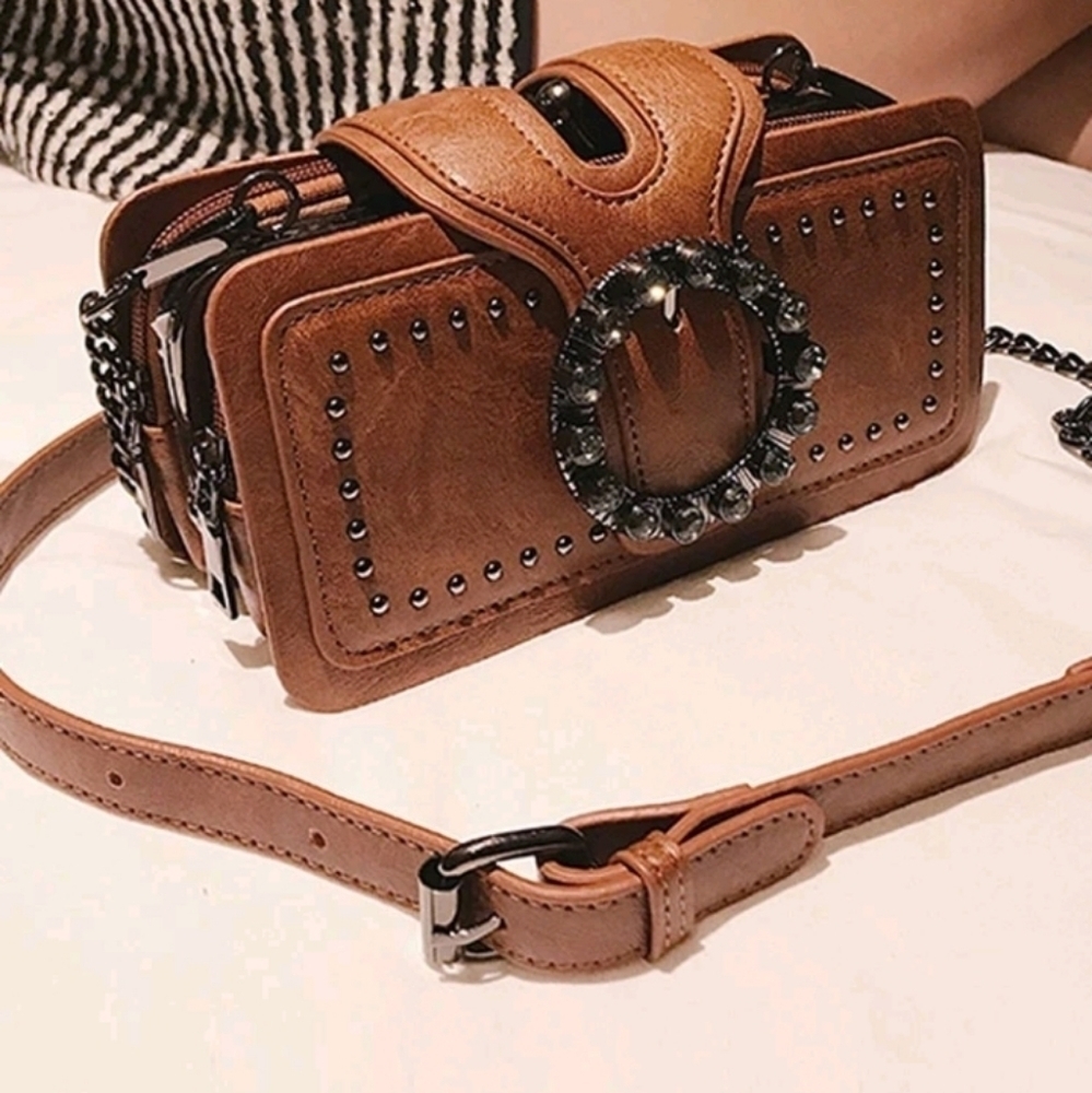 NWT Brown Studded Vegan Leather Crossbody Purse Camera Bag